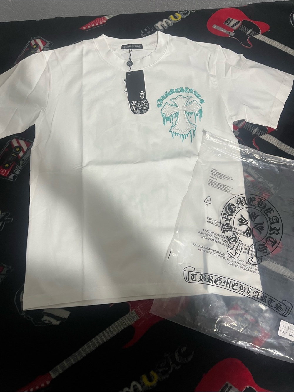 Chrome Hearts White Tee with Teal Drip Cross Logo